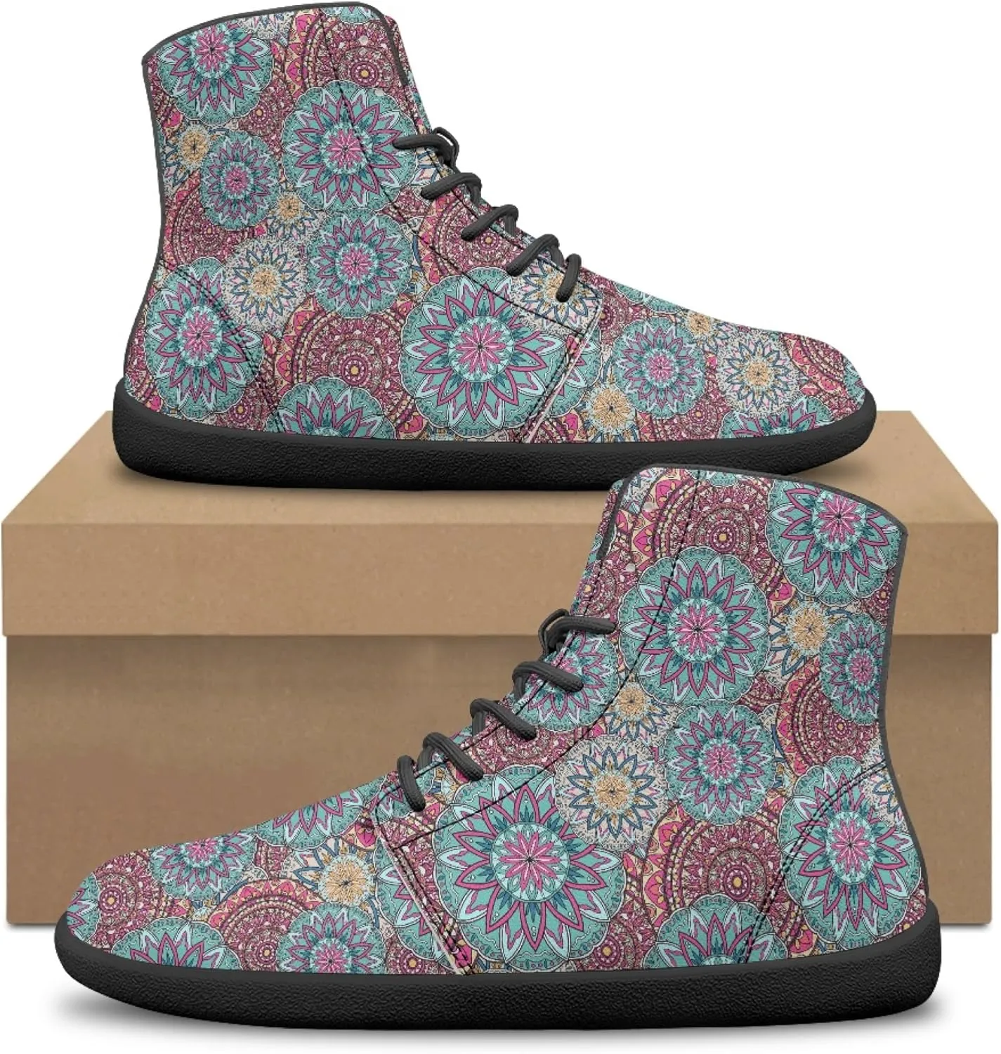 Boho Mandala Print Unisex Barefoot Shoes PU Leather High Top Barefoot Sneakers for Outdoor