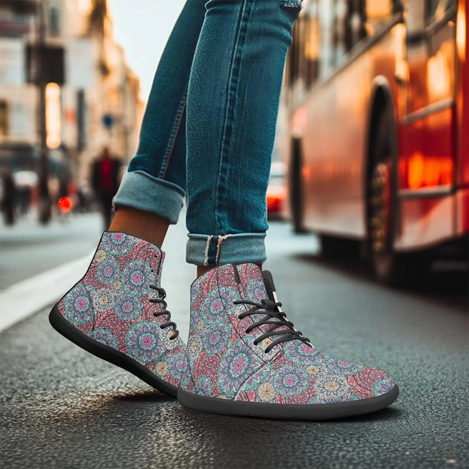 Boho Mandala Print Unisex Barefoot Shoes PU Leather High Top Barefoot Sneakers for Outdoor