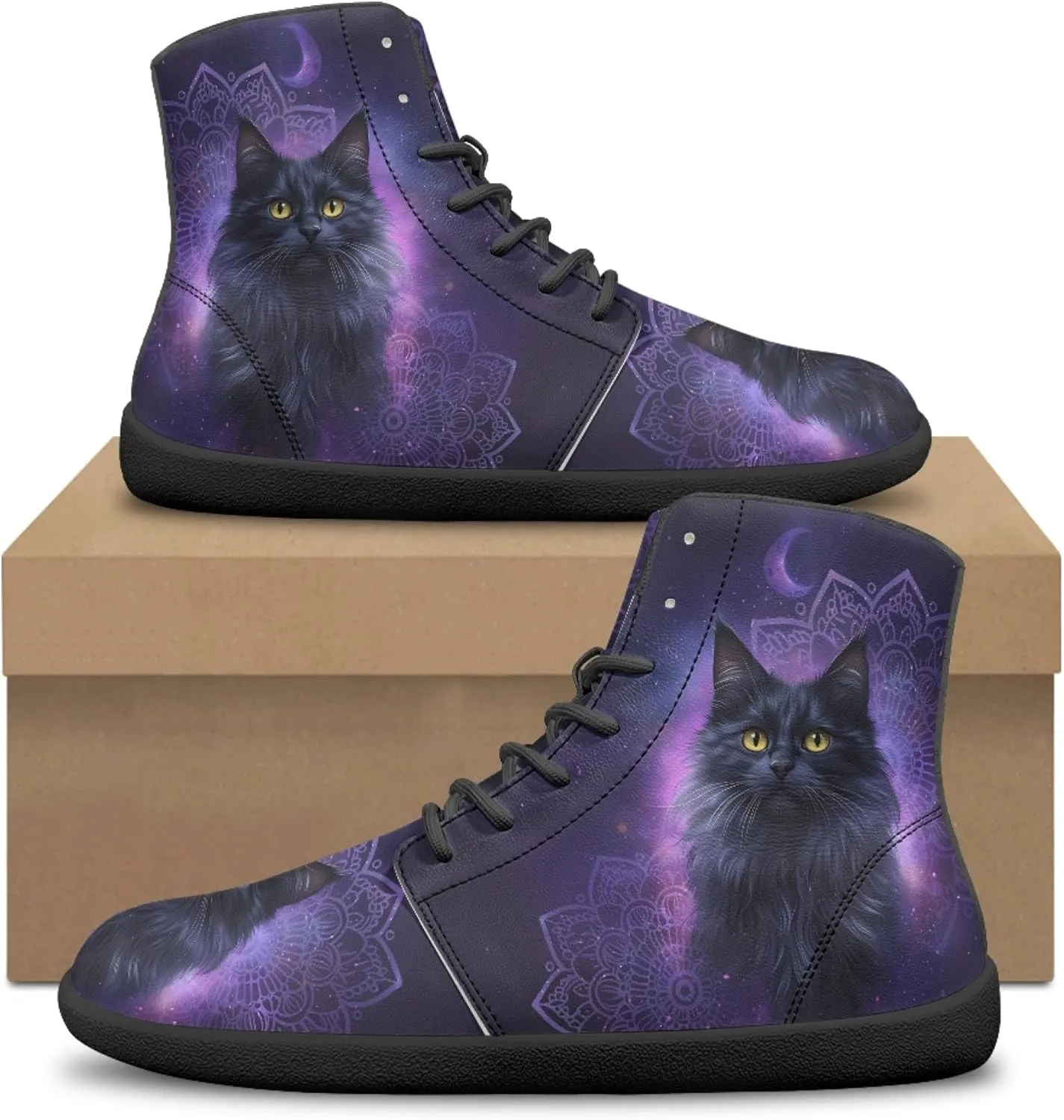Boho Mandala Print Unisex Barefoot Shoes PU Leather High Top Barefoot Sneakers for Outdoor