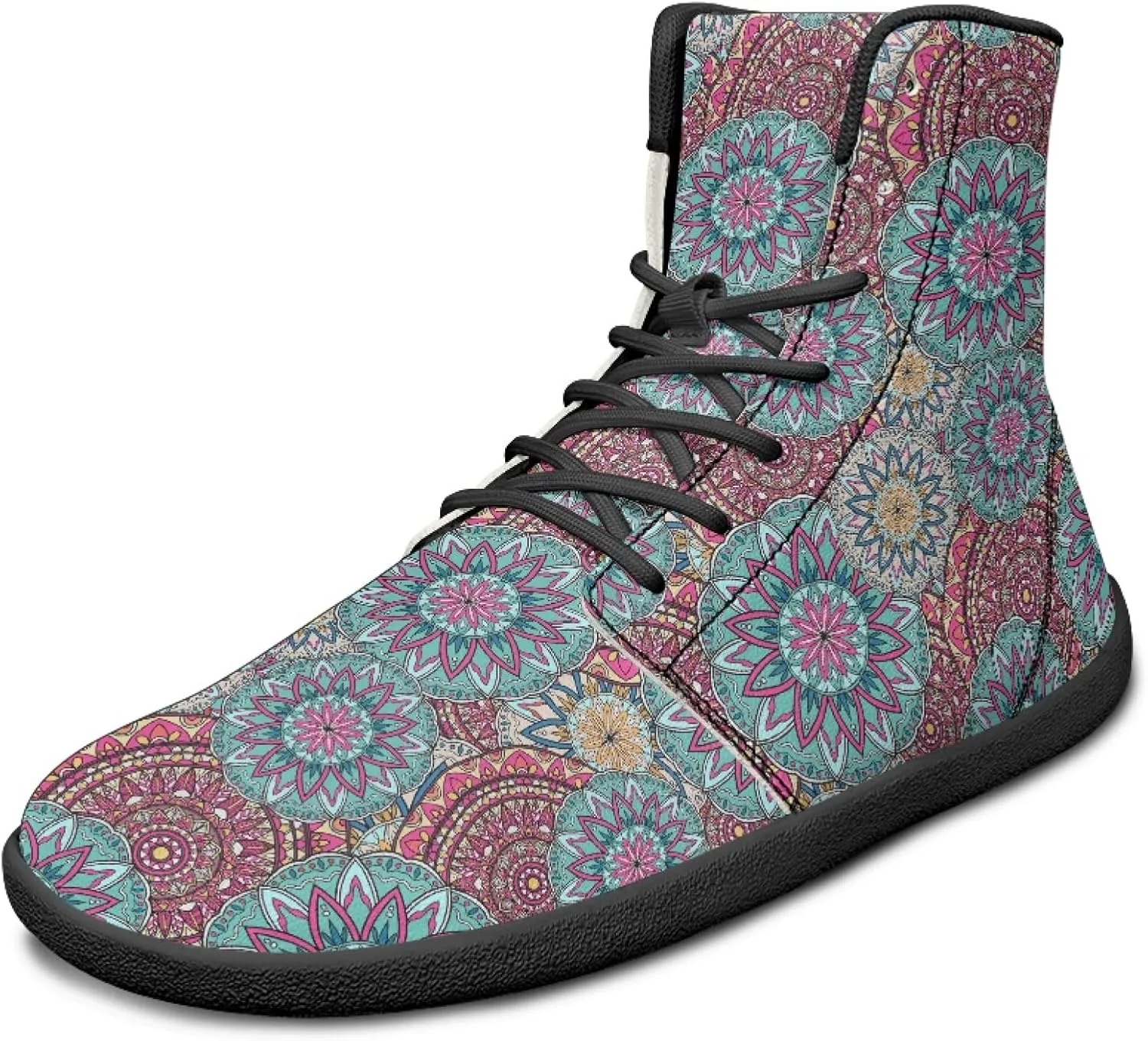 Boho Mandala Print Unisex Barefoot Shoes PU Leather High Top Barefoot Sneakers for Outdoor