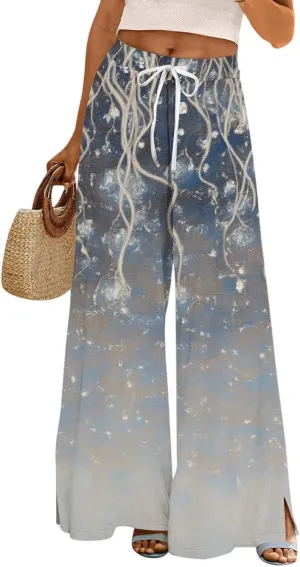 Boho Palazzo Pants for Women Dressy Loose Beach Plus Size Trendy Yoga High Waisted Flowy Vacation Trousers