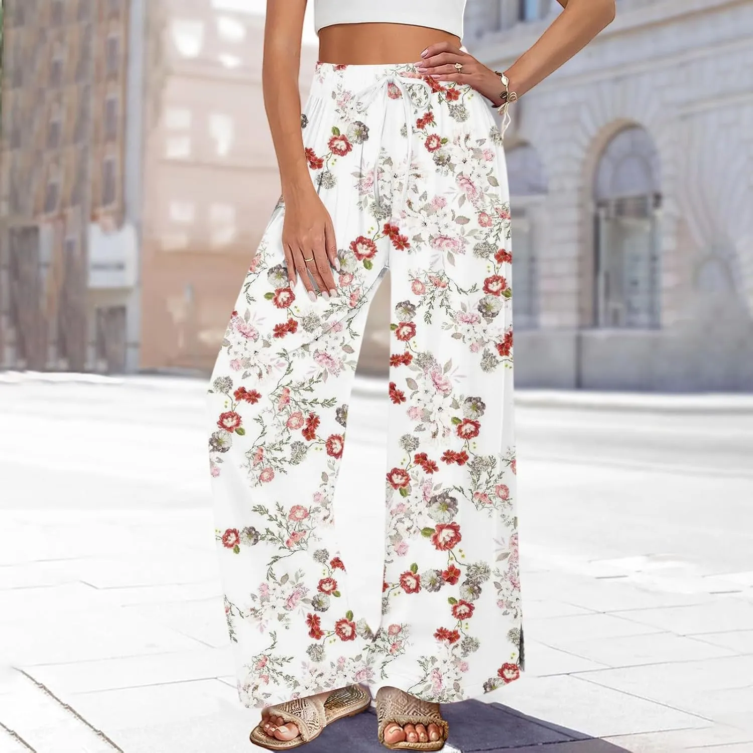 Boho Palazzo Pants for Women Dressy Loose Beach Plus Size Trendy Yoga High Waisted Flowy Vacation Trousers