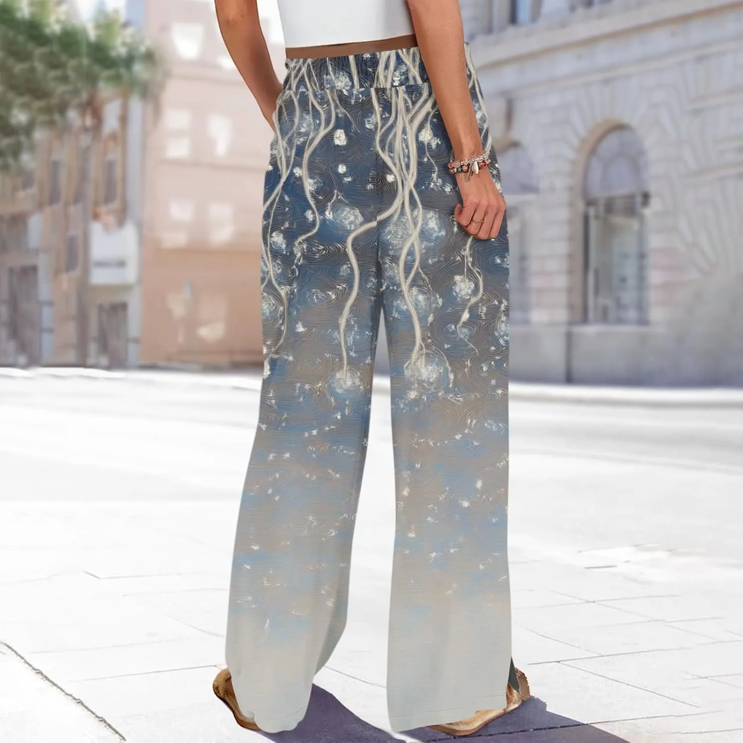 Boho Palazzo Pants for Women Dressy Loose Beach Plus Size Trendy Yoga High Waisted Flowy Vacation Trousers