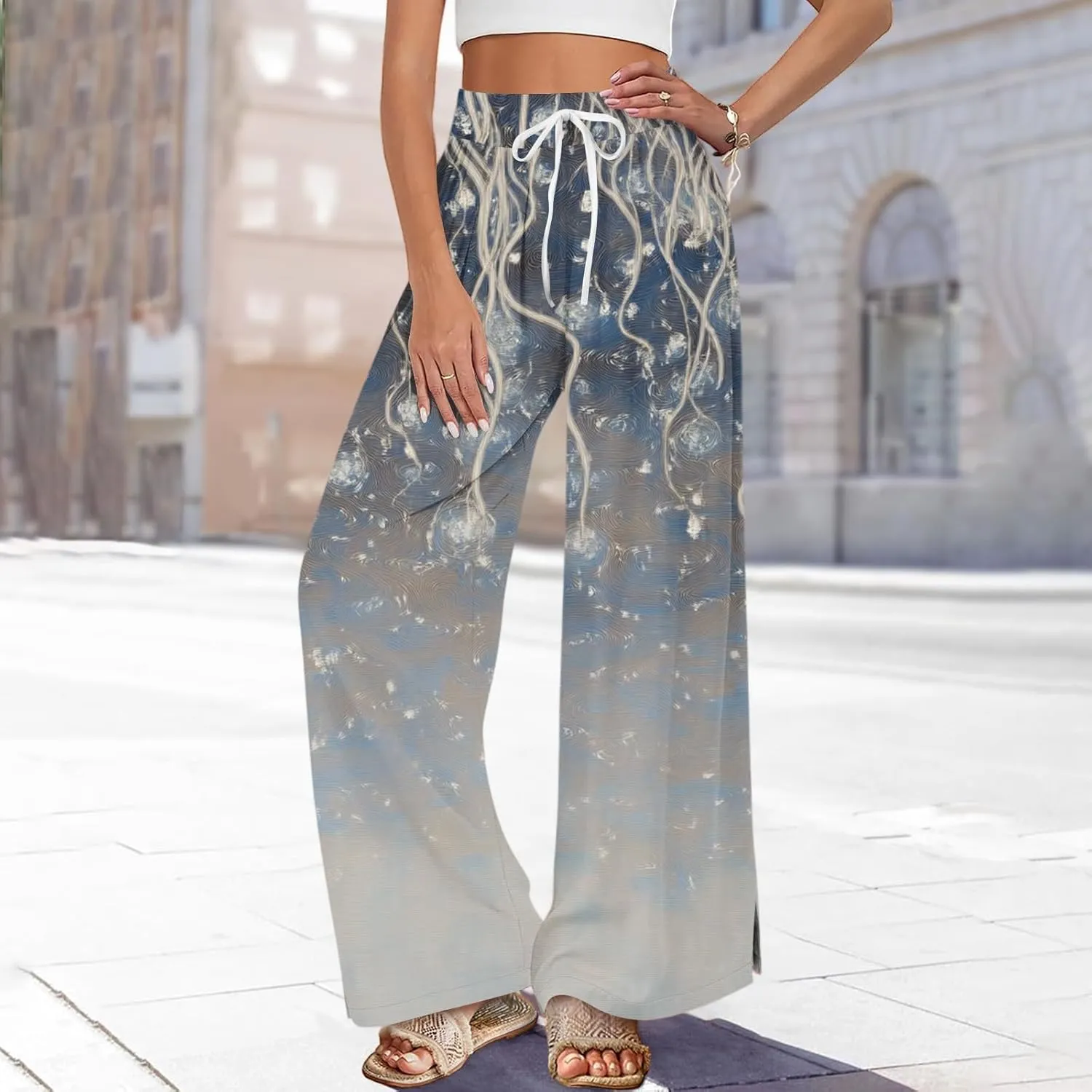 Boho Palazzo Pants for Women Dressy Loose Beach Plus Size Trendy Yoga High Waisted Flowy Vacation Trousers