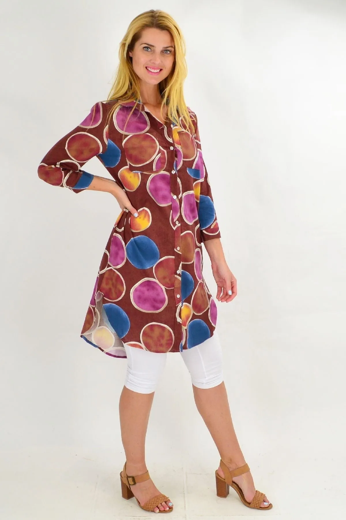 Brown Colourful Circles Tunic Shirt