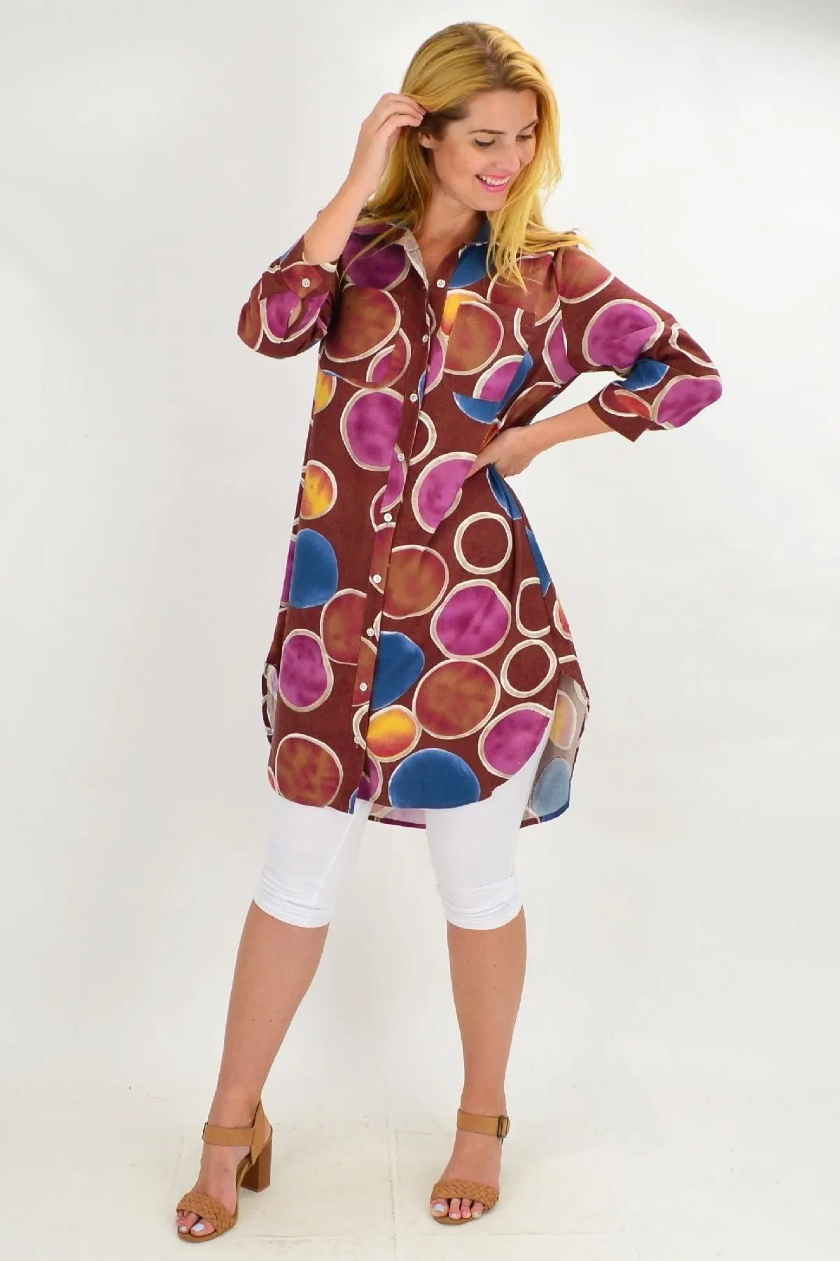 Brown Colourful Circles Tunic Shirt