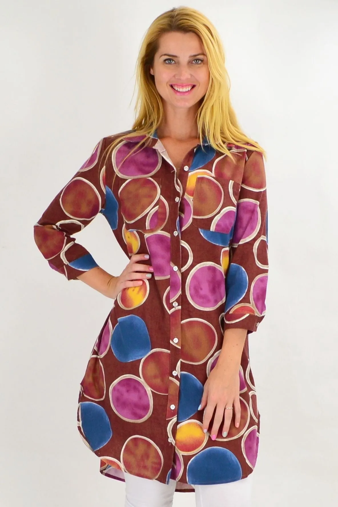 Brown Colourful Circles Tunic Shirt