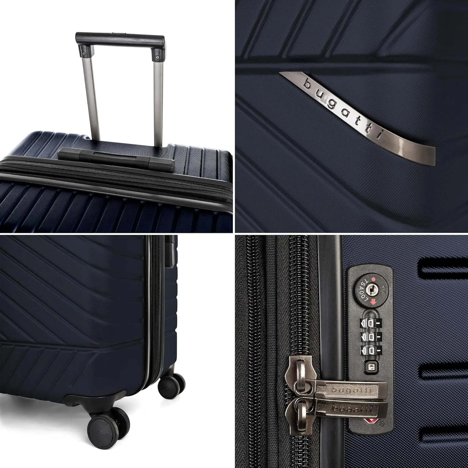 Bugatti Oslo Collection 3 Piece Hard Shell Luggage Set, Polycarbonate Expandable Suitcases with 360-Degree Spinner Wheels, 20 Inch Carry On, 24 Inch Mid-size, 28 Inch Large Bags, Navy