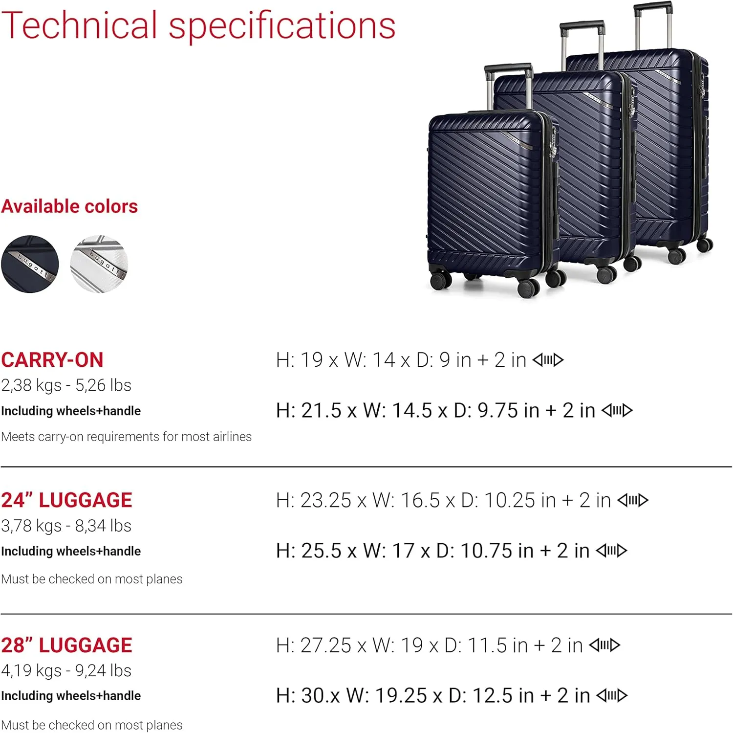 Bugatti Oslo Collection 3 Piece Hard Shell Luggage Set, Polycarbonate Expandable Suitcases with 360-Degree Spinner Wheels, 20 Inch Carry On, 24 Inch Mid-size, 28 Inch Large Bags, Navy