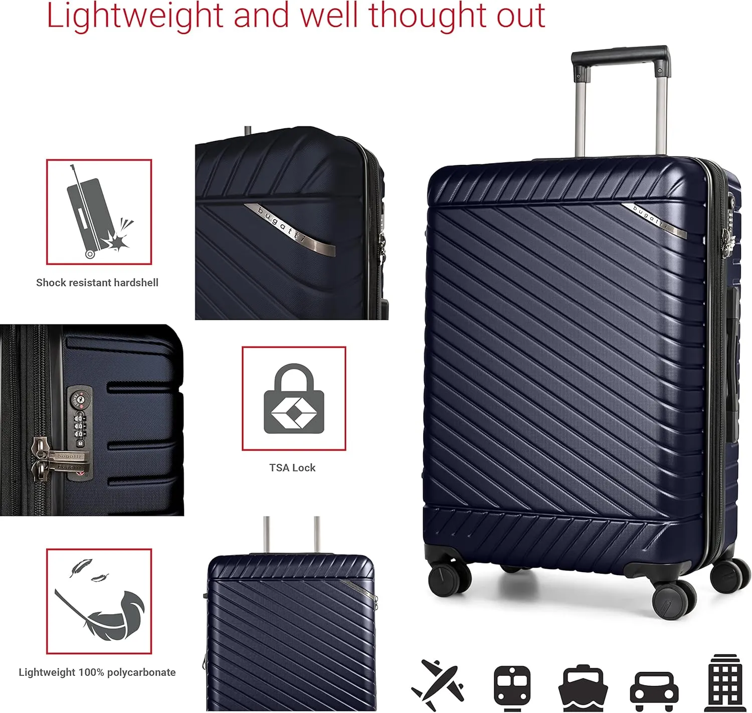 Bugatti Oslo Collection 3 Piece Hard Shell Luggage Set, Polycarbonate Expandable Suitcases with 360-Degree Spinner Wheels, 20 Inch Carry On, 24 Inch Mid-size, 28 Inch Large Bags, Navy