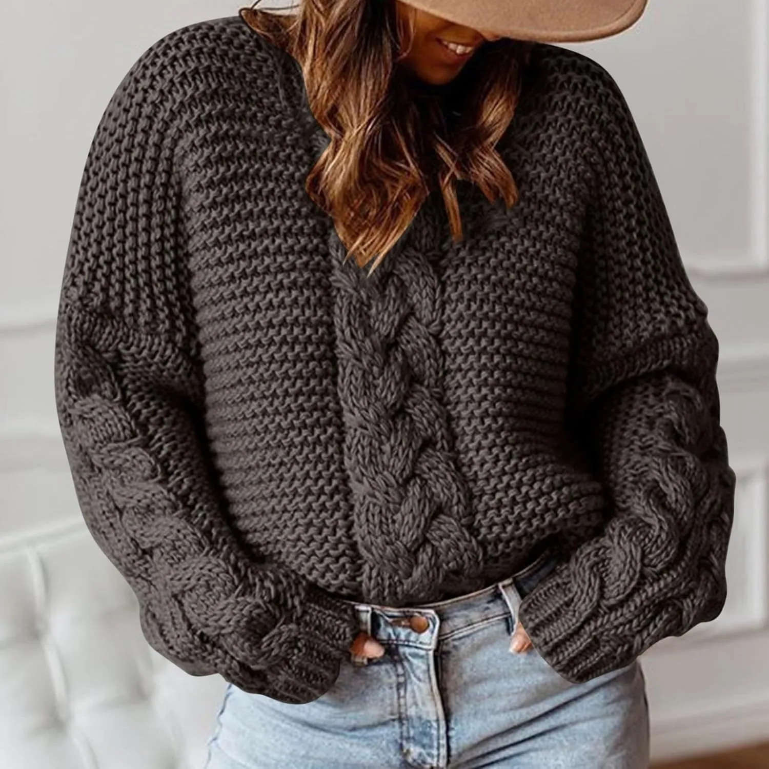 Cable Knit Sweater Women Cozy Plus Size Chunky Pullover Sweaters Ladies Soft Long Sleeve Knitted Winter Sweater
