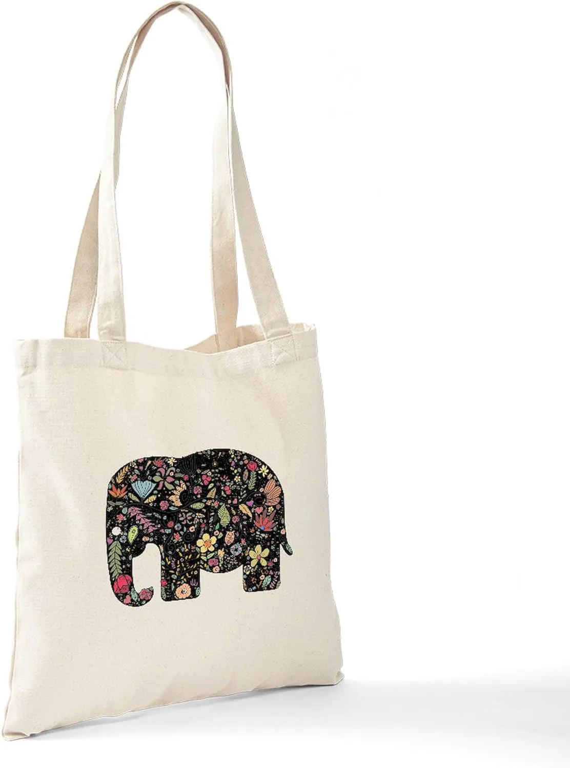CafePress Floral Elephant Silhouette Tote Bag Reusable Natural Beige Canvas Shopping Bag