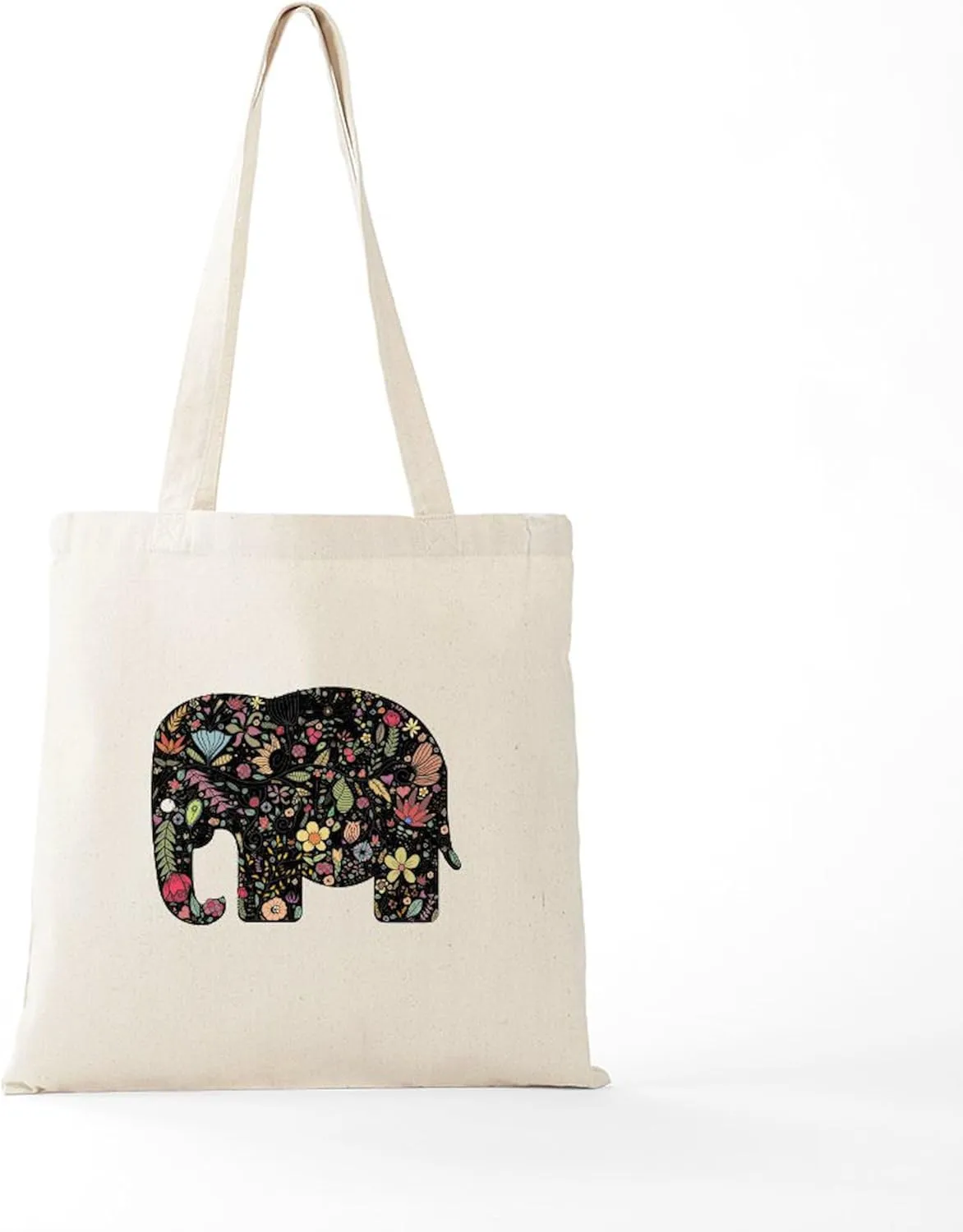 CafePress Floral Elephant Silhouette Tote Bag Reusable Natural Beige Canvas Shopping Bag
