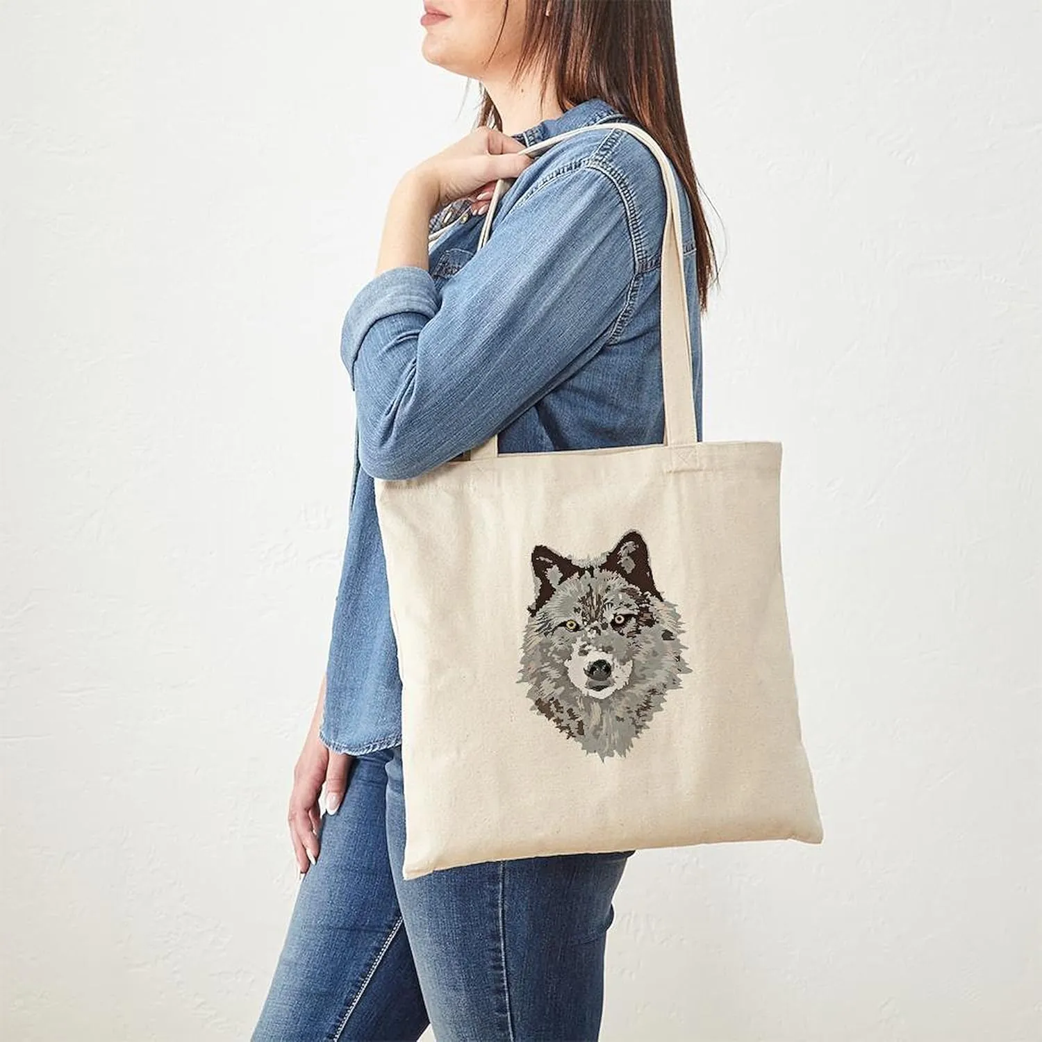 CafePress Stylized Grey Wolf Tote Bag Reusable Natural Beige Canvas Shopping Bag