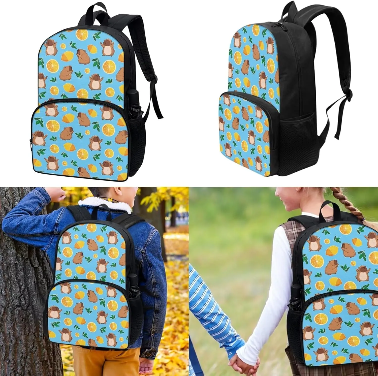 Capybara Backpack Set Lemon Print Lunch Bag and Pencil Case Large Capacity Lunchbox Durable Pencil Pouch School Supplies