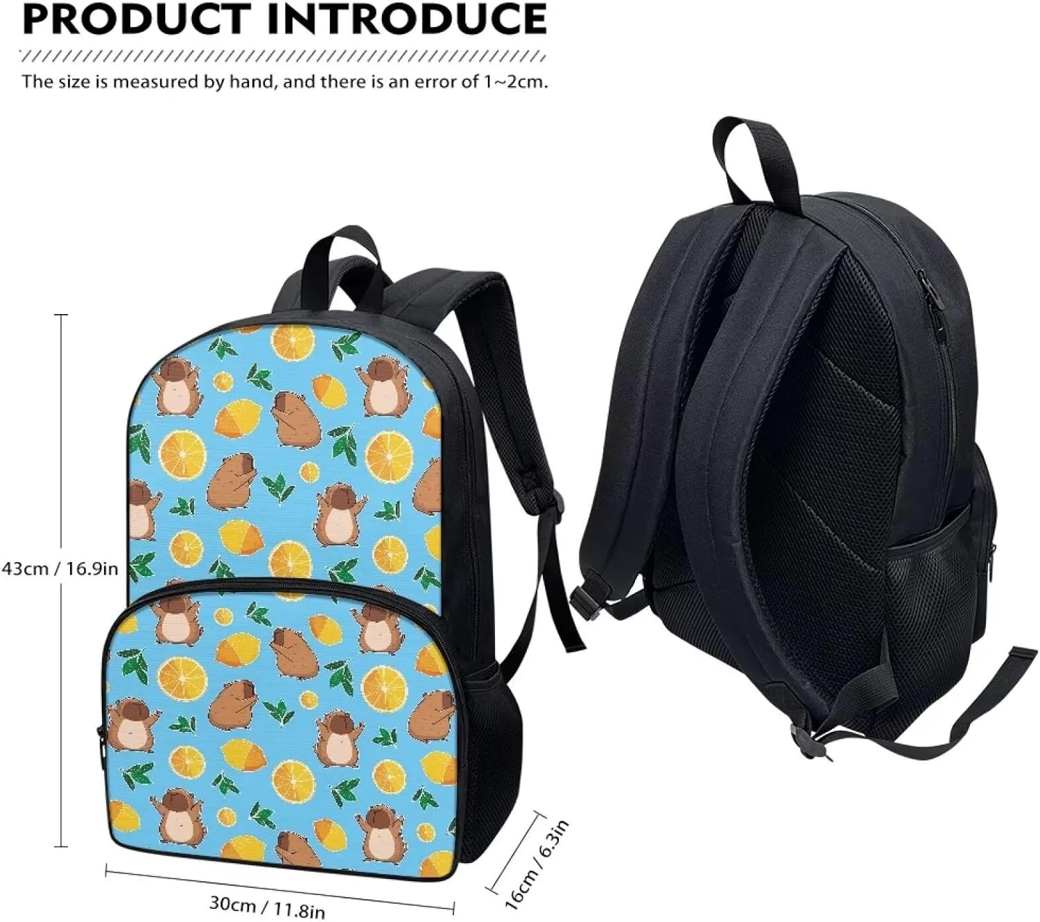 Capybara Backpack Set Lemon Print Lunch Bag and Pencil Case Large Capacity Lunchbox Durable Pencil Pouch School Supplies