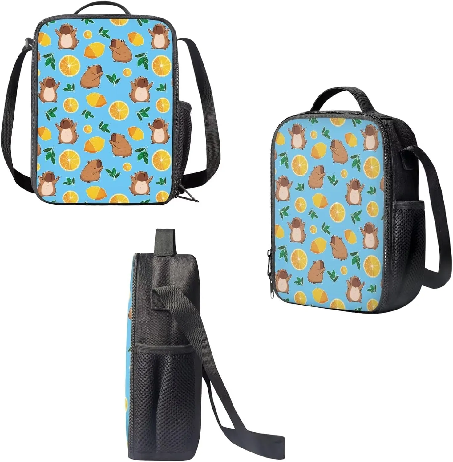 Capybara Backpack Set Lemon Print Lunch Bag and Pencil Case Large Capacity Lunchbox Durable Pencil Pouch School Supplies