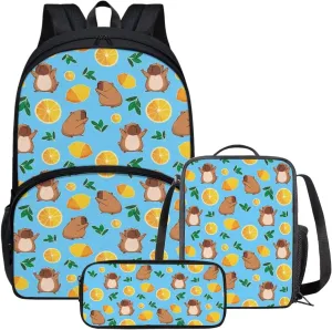 Capybara Backpack Set Lemon Print Lunch Bag and Pencil Case Large Capacity Lunchbox Durable Pencil Pouch School Supplies