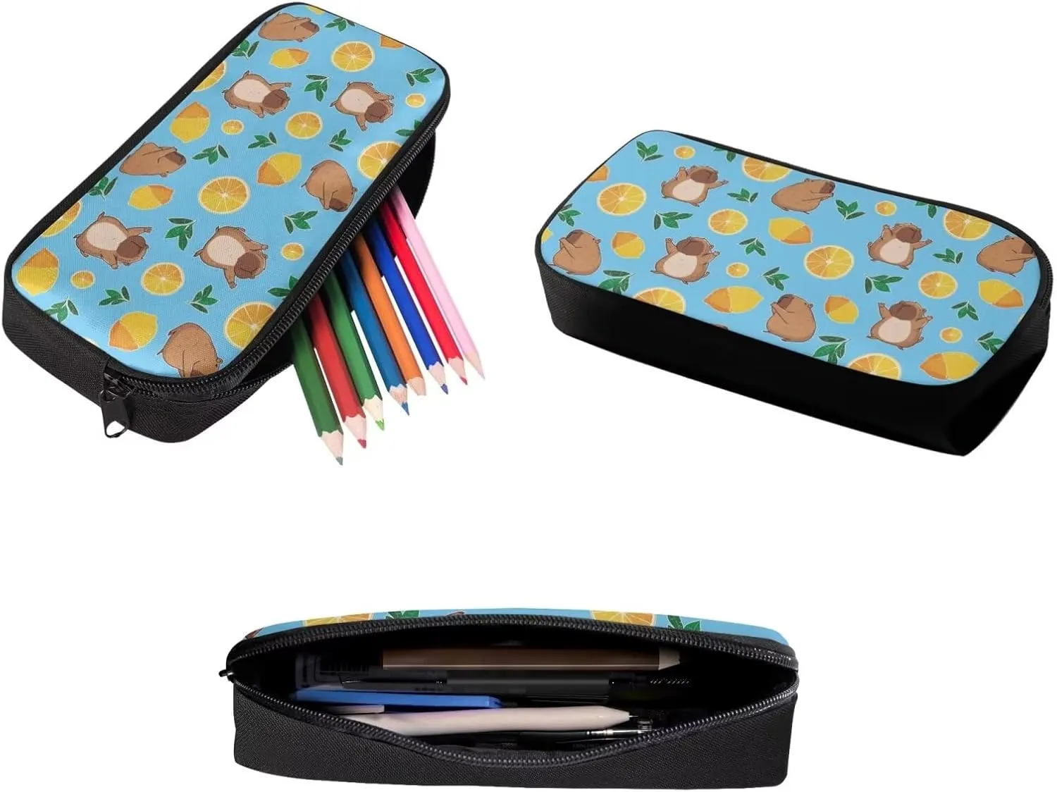 Capybara Backpack Set Lemon Print Lunch Bag and Pencil Case Large Capacity Lunchbox Durable Pencil Pouch School Supplies