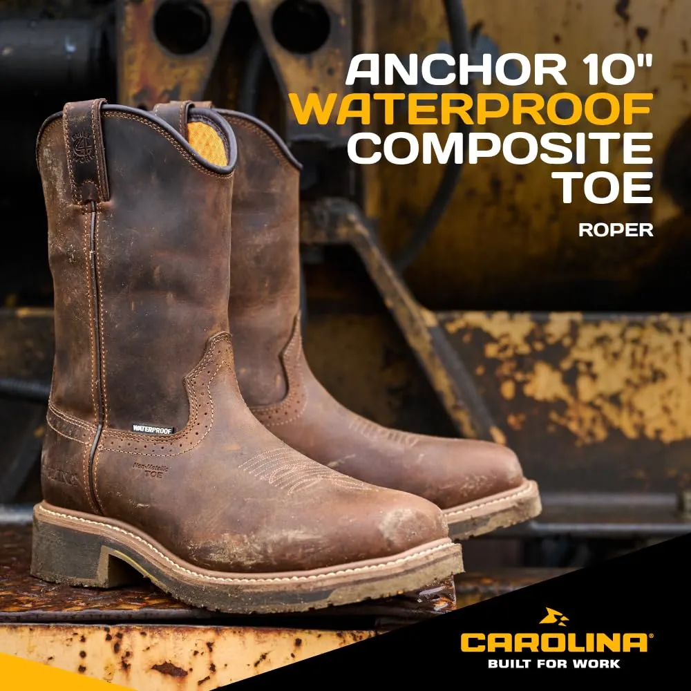 Carolina Anchor 10" Composite Toe Waterproof Roper Work Boots for Men - Leather Upper, Mesh Lining, Slip-Resistant Rubber Heel Outsole, EH-Rated, Brown - 11 2E
