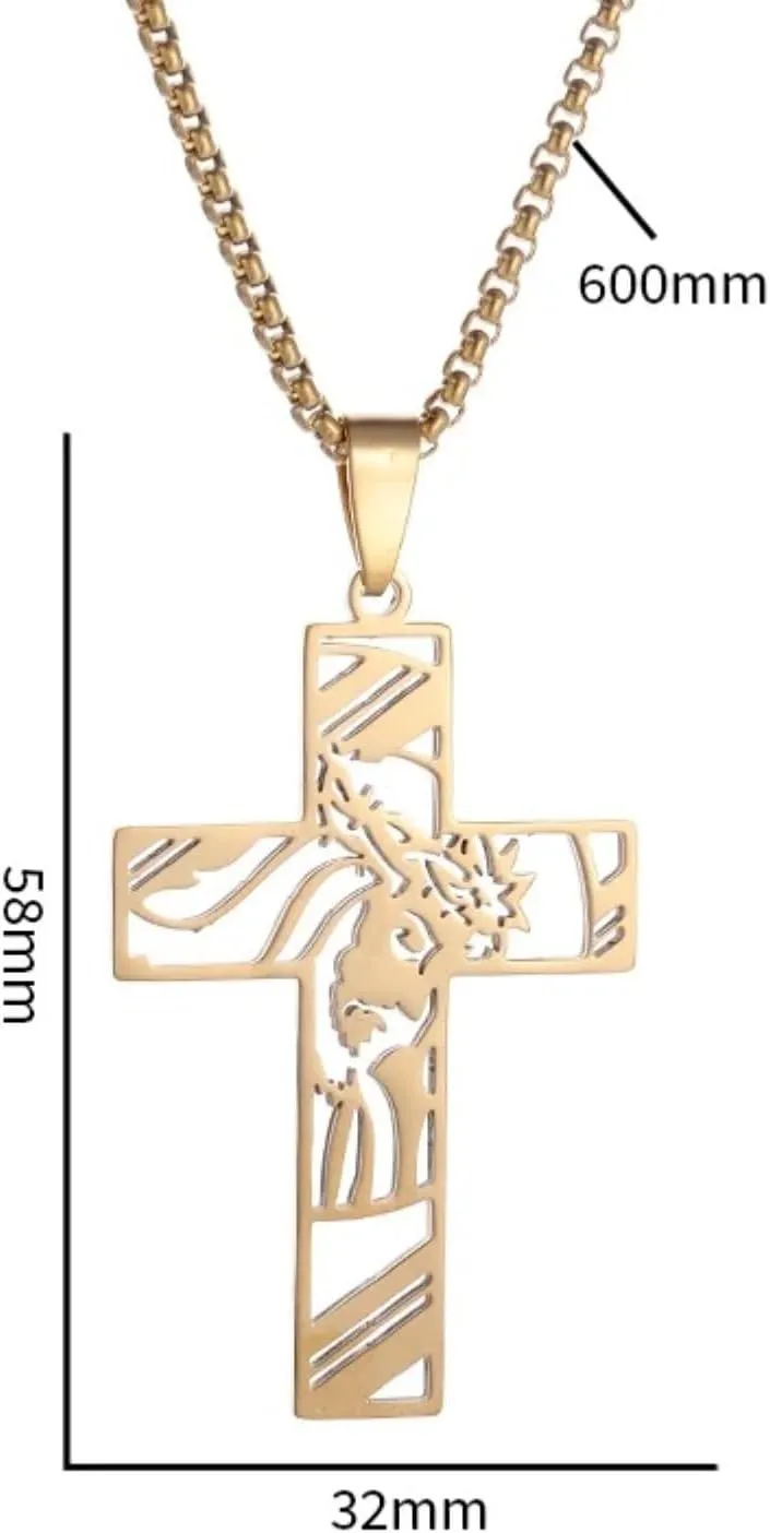 Catholic Jesus Crown of Thorns Cross Stainless Steel Pendant Necklace Men Vintage Prayer Jewelry