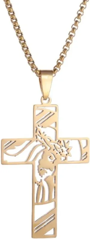 Catholic Jesus Crown of Thorns Cross Stainless Steel Pendant Necklace Men Vintage Prayer Jewelry