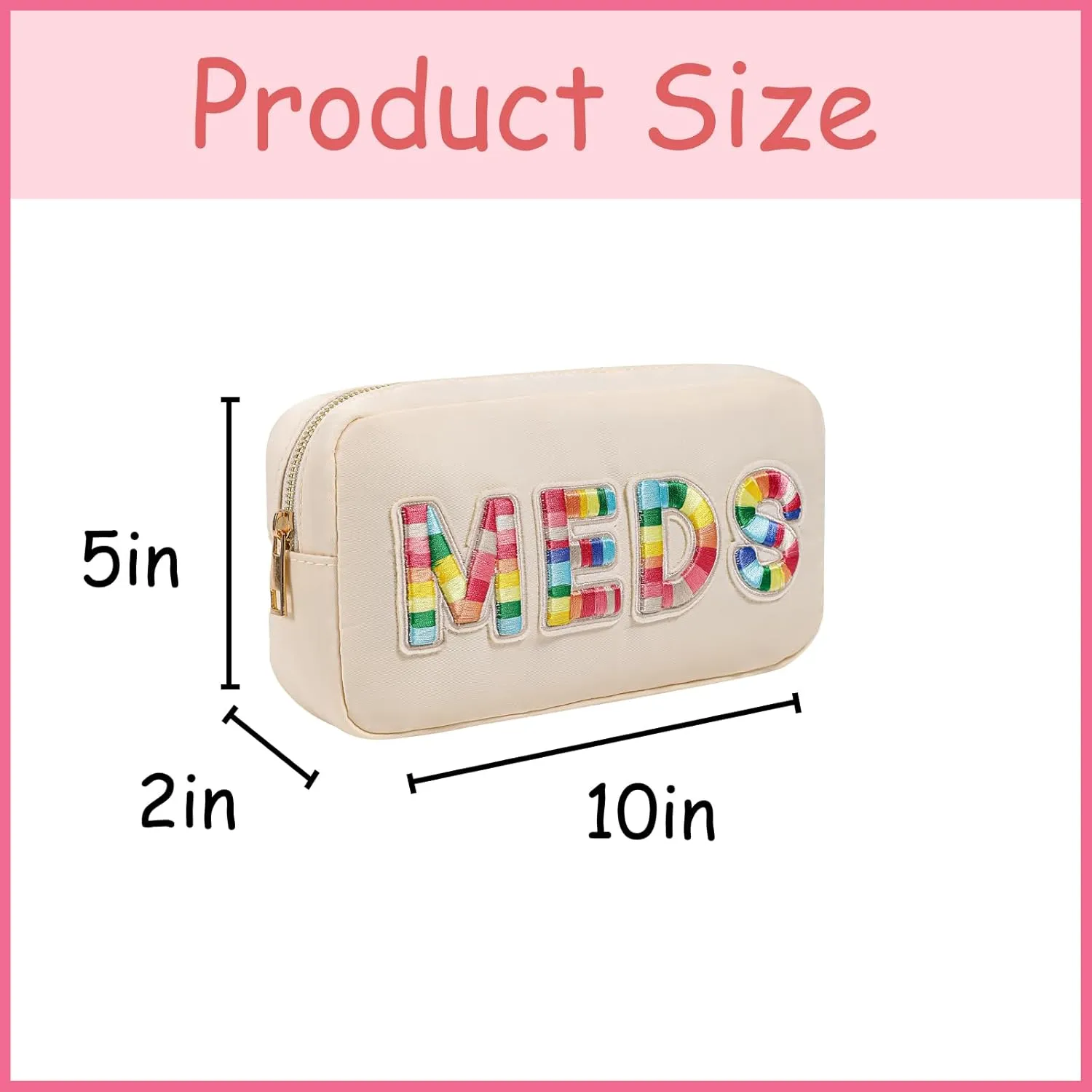Chenille Letter Patch Nylon Medicine Packages,Cute MEDS Travel Makeup Bag with Metal Zipper, First Aid Purse Organizer Cosmetic Bag for Women and Girls(01Beige)