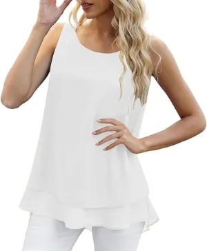 Chiffon Tank Tops for Women Summer Scoop Neck Sleeveless Tunic Shirts Casual Fashion Loose Fit Flowy Beach Blouse