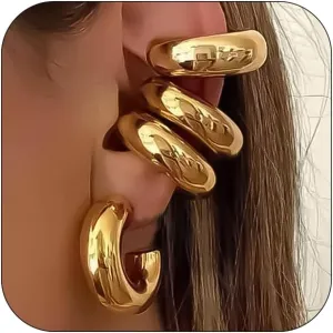 Chunky Gold Ear Cuffs Earrings for Women Non Piercing Gold Cuff Clip On Cartilage Hoop Earring Trendy Lightweight Thick Cuff Earrings for Women