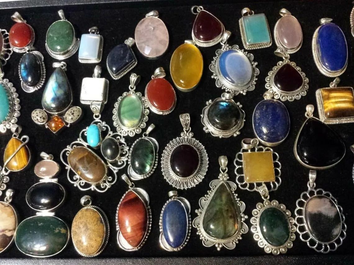 Chunky Silver Pendant Necklace Pack for Women - Statement Fashion Pendants Set, Silver Plated Bohemian Handmade Gemstone Gothic Vintage Necklaces for Girls