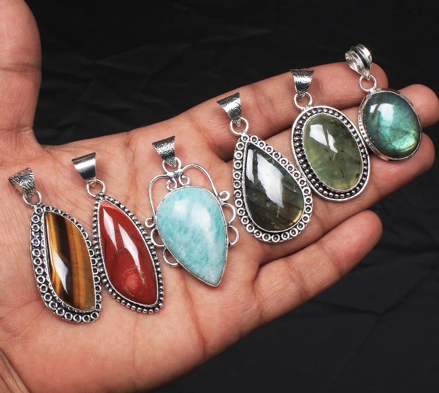Chunky Silver Pendant Necklace Pack for Women - Statement Fashion Pendants Set, Silver Plated Bohemian Handmade Gemstone Gothic Vintage Necklaces for Girls