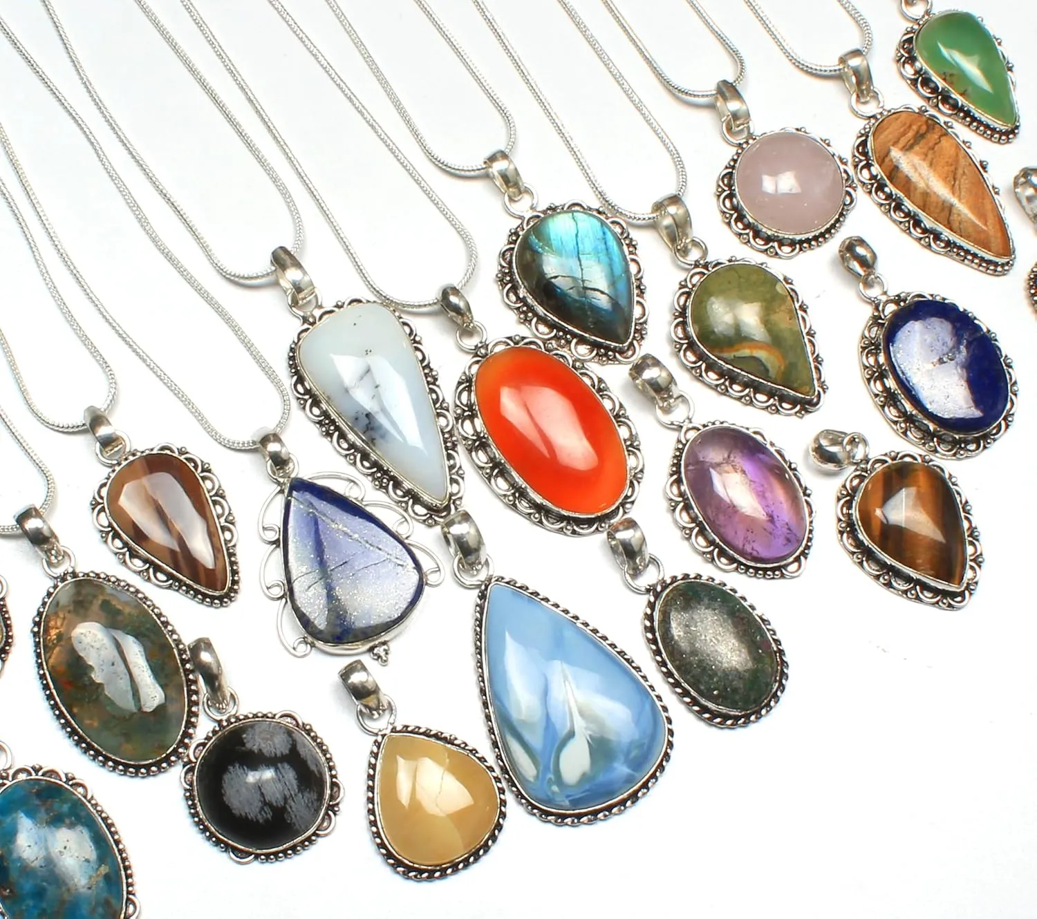 Chunky Silver Pendant Necklace Pack for Women - Statement Fashion Pendants Set, Silver Plated Bohemian Handmade Gemstone Gothic Vintage Necklaces for Girls