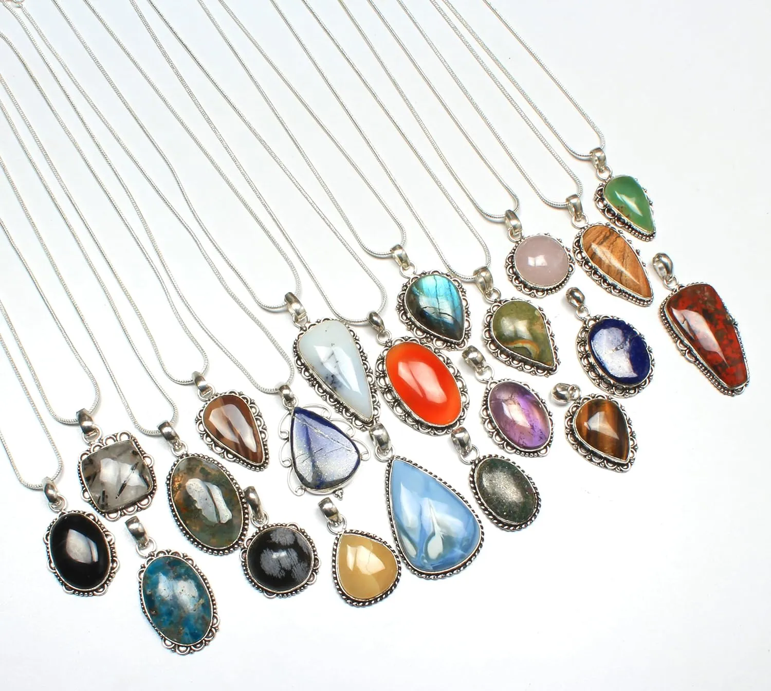 Chunky Silver Pendant Necklace Pack for Women - Statement Fashion Pendants Set, Silver Plated Bohemian Handmade Gemstone Gothic Vintage Necklaces for Girls