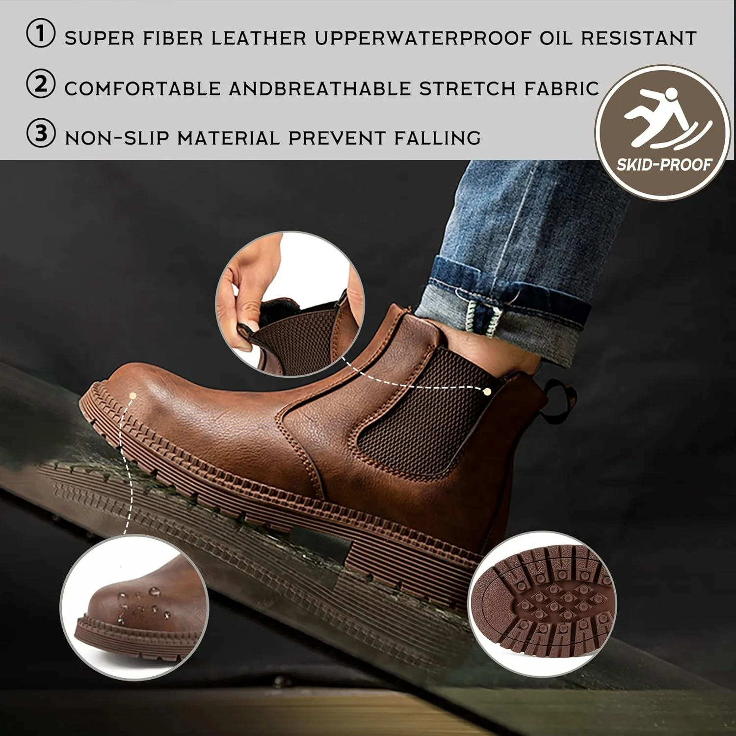 CJSPORX Men's Steel Toe Work Boots Anti-Skid Safety Shoes Leather Waterproof Work Shoes