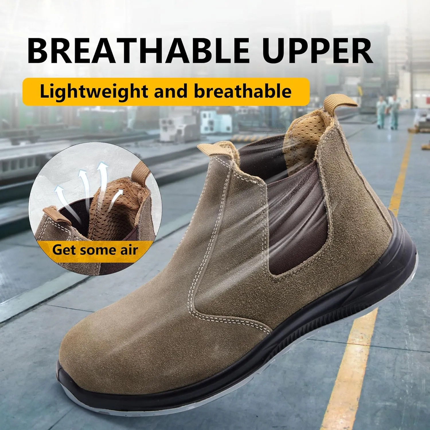 CJSPORX Men's Steel Toe Work Boots Anti-Skid Safety Shoes Leather Waterproof Work Shoes
