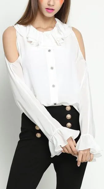Cold-Shoulder Ruffle-Trim Silk Blouse
