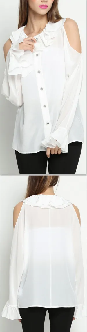 Cold-Shoulder Ruffle-Trim Silk Blouse