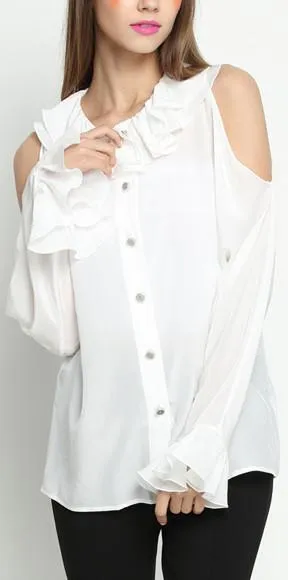 Cold-Shoulder Ruffle-Trim Silk Blouse