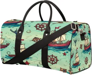 Compass Sailboat Travel Duffel Bag for Women Men, Vintage Boat Pattern Sport Tote Gym Bag Foldable Weekender Overnight Bag Waterproof Carry On Luggage Bag