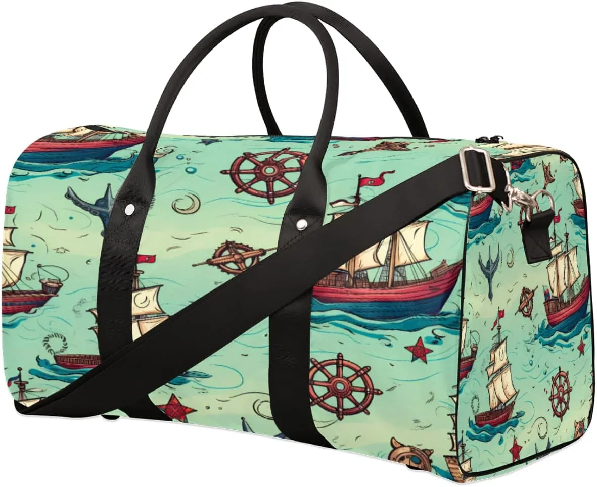 Compass Sailboat Travel Duffel Bag for Women Men, Vintage Boat Pattern Sport Tote Gym Bag Foldable Weekender Overnight Bag Waterproof Carry On Luggage Bag