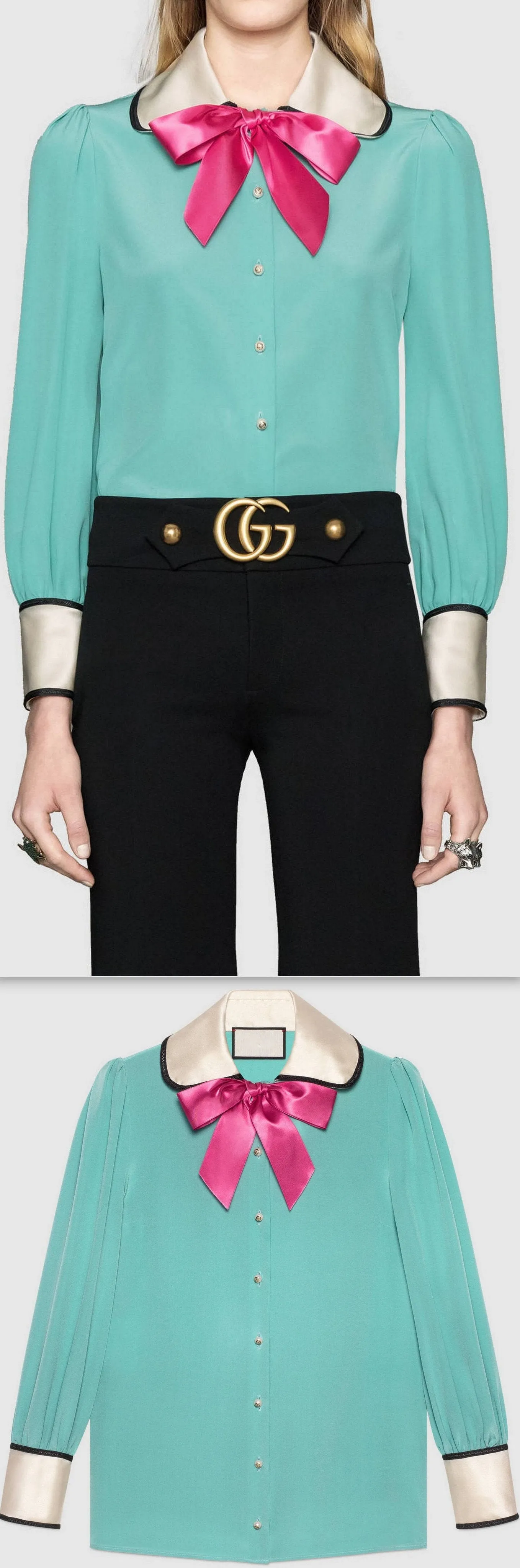 Contrast Silk Shirt with Bow