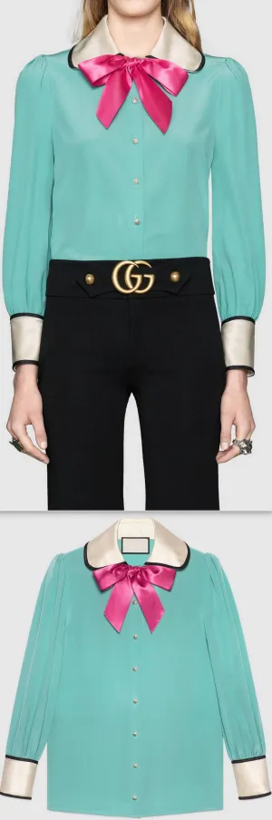 Contrast Silk Shirt with Bow