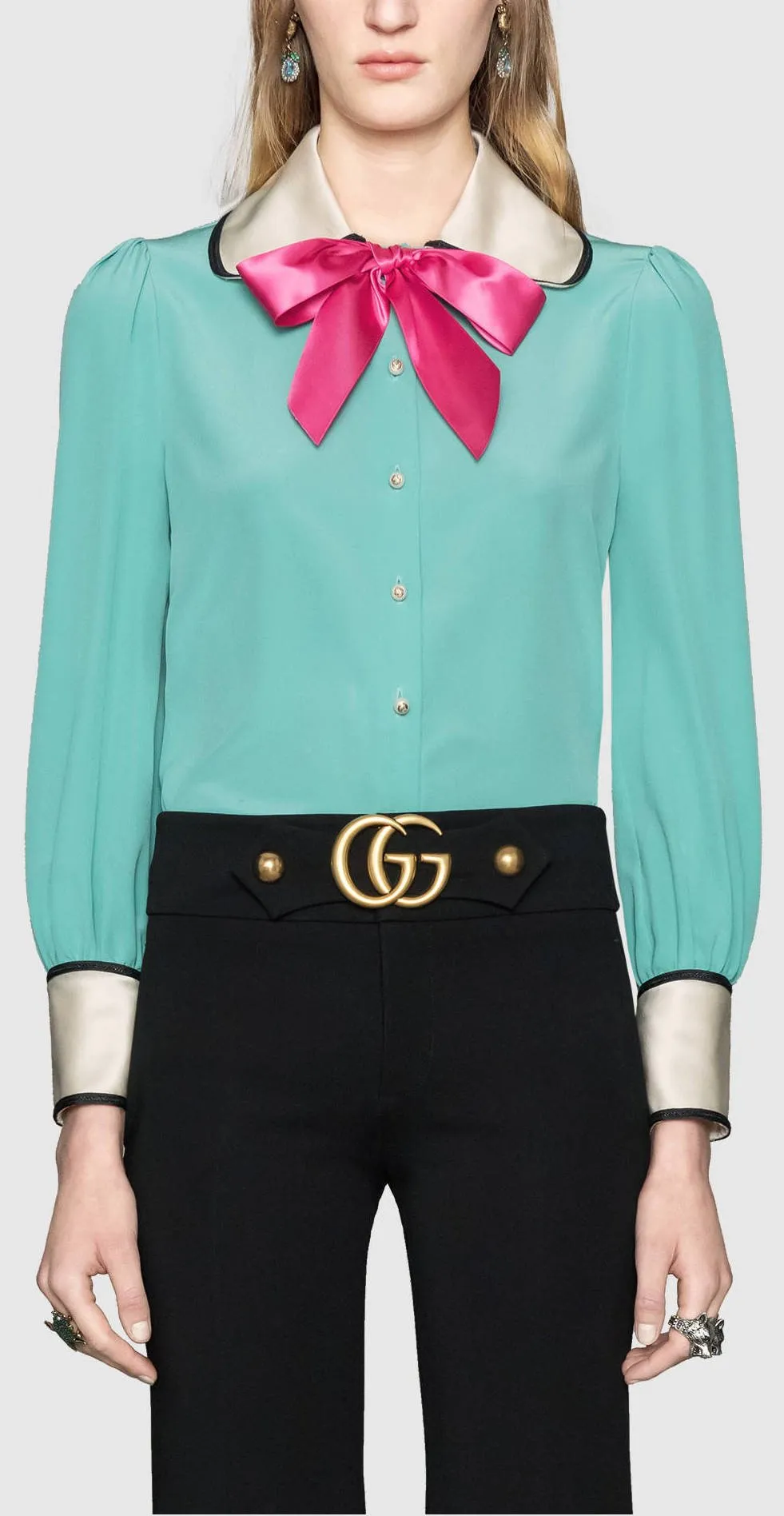 Contrast Silk Shirt with Bow