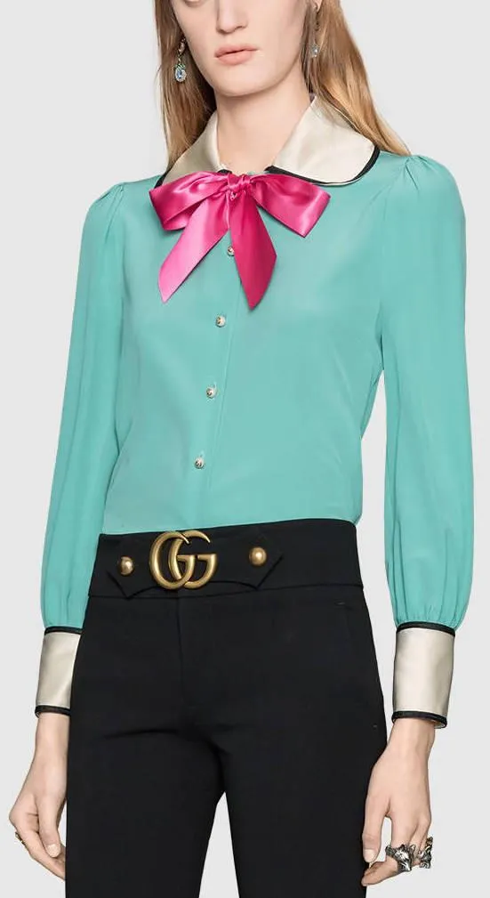 Contrast Silk Shirt with Bow
