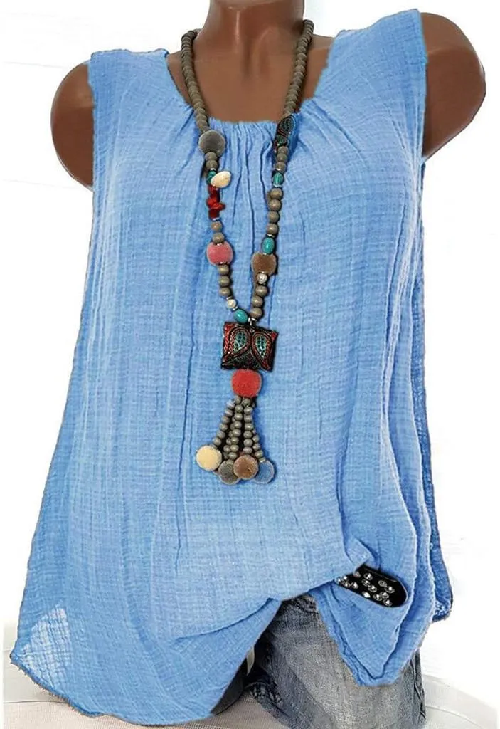 Cotton Linen Tank Tops for Women Trendy Round Neck Sleeveless Vest Casual Baggy T-Shirts Plus Size Vacation Blouse