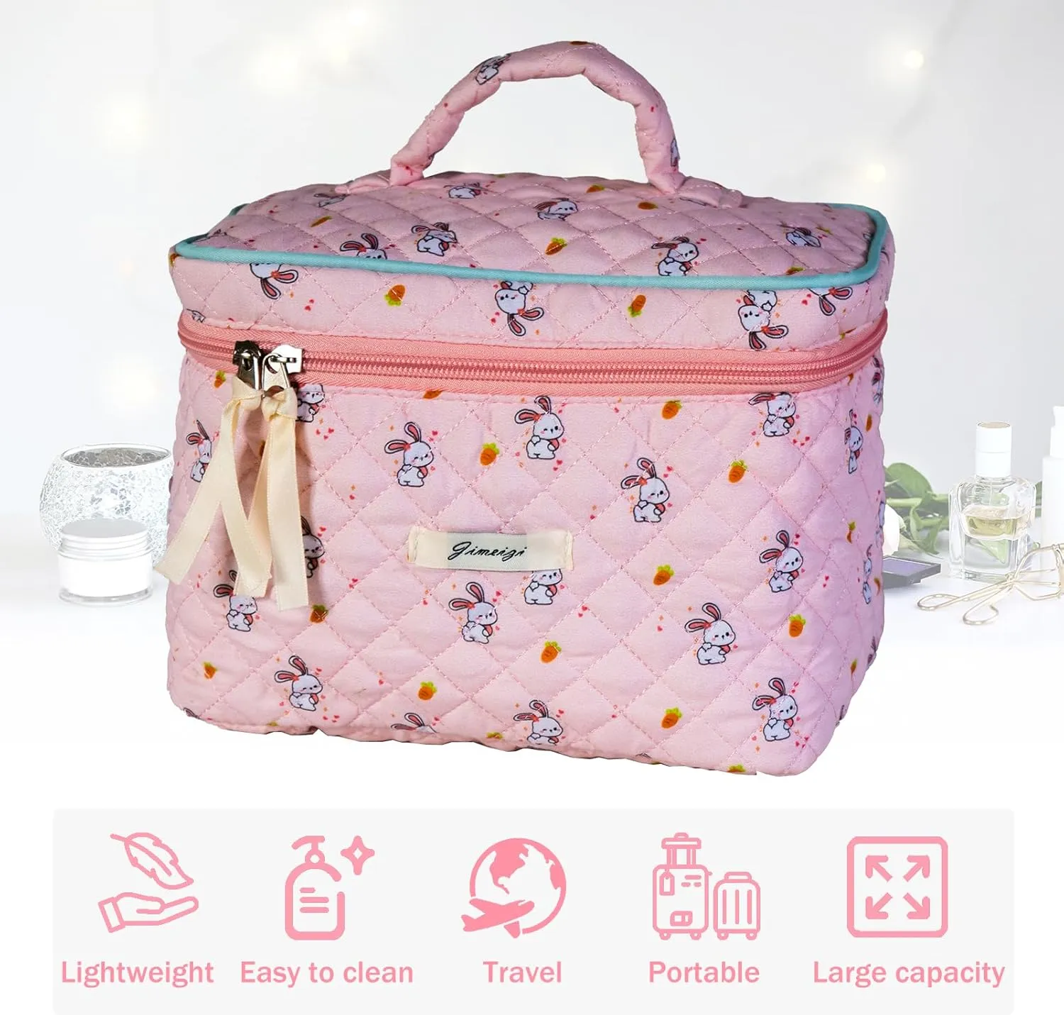 Cotton Quilted Makeup Bag: Large Capacity Makeup Bag Organizer - Portable Aesthetic Makeup Bag Toiletry Bag with Handle Cute Cosmetic Bag for Women Travel Cartoon Rabbit Pink
