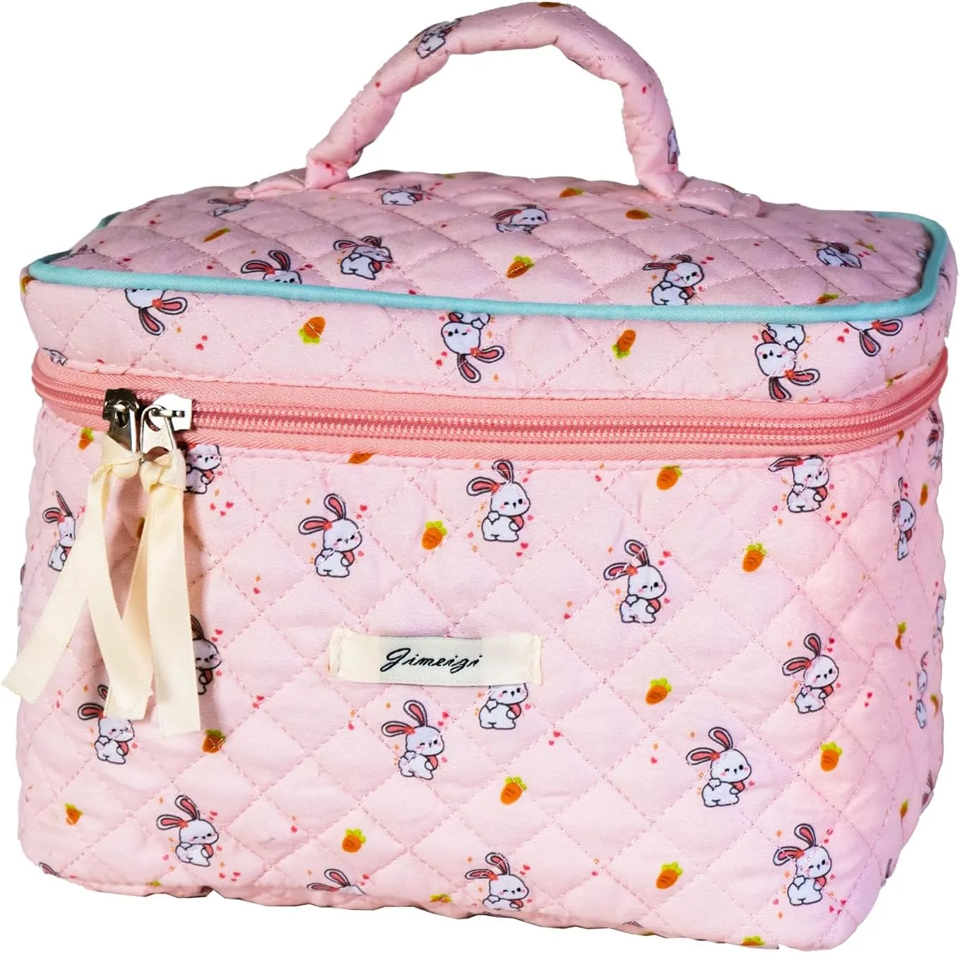 Cotton Quilted Makeup Bag: Large Capacity Makeup Bag Organizer - Portable Aesthetic Makeup Bag Toiletry Bag with Handle Cute Cosmetic Bag for Women Travel Cartoon Rabbit Pink