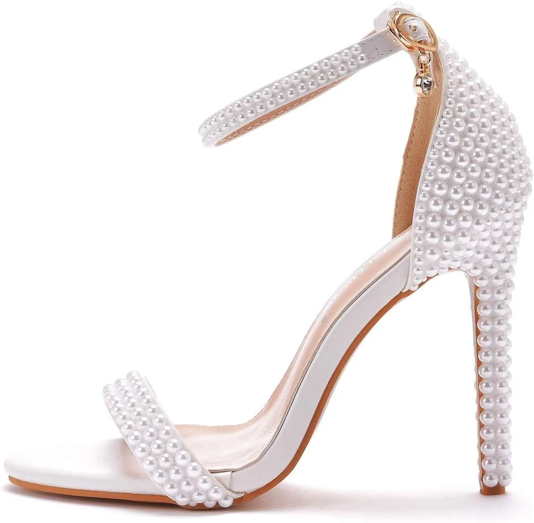 Crystal Queen Full Pearls Heels Sandals Stiletto Heels Peep Toe High Heel Sandals Pump Shoes For Bride Wedding Party Evening
