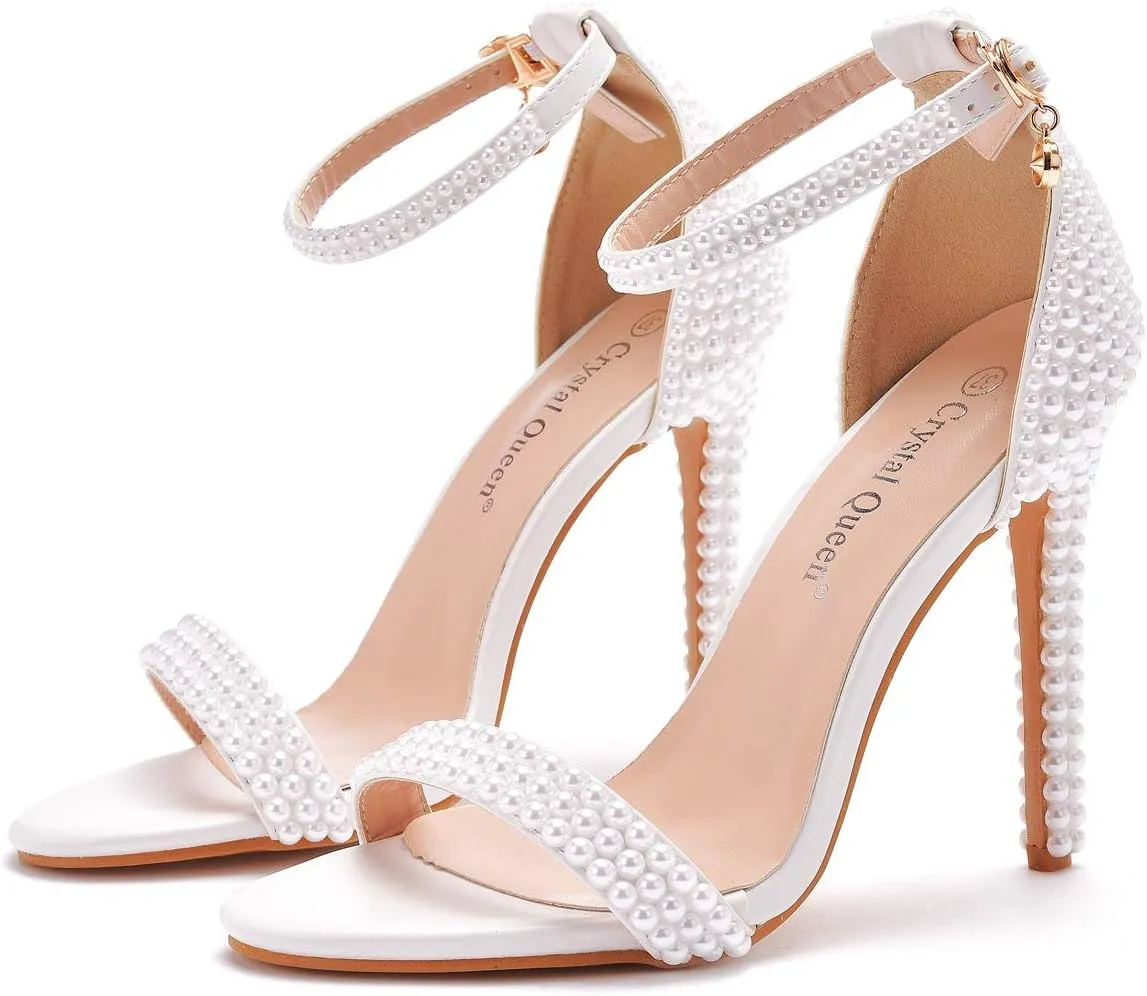 Crystal Queen Full Pearls Heels Sandals Stiletto Heels Peep Toe High Heel Sandals Pump Shoes For Bride Wedding Party Evening