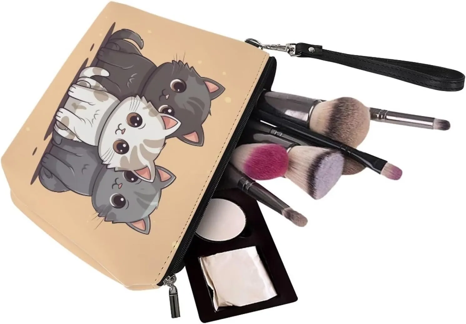 Cute Cat Cosmetic Bag Leather Makeup Bags Small Cosmetic Bags Travel Toiletry Bag Pouch Waterproof Organizer Bag Clutch Handbag for Women Hiking Camping Swimming